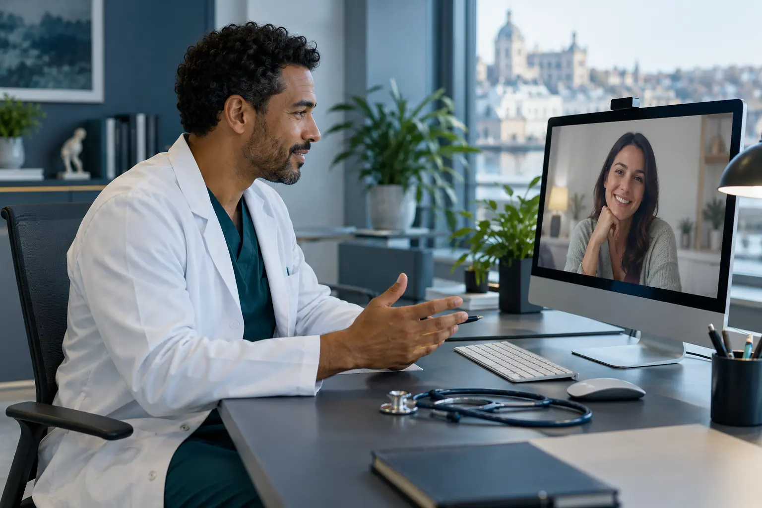 Médico realizando uma consulta por vídeo